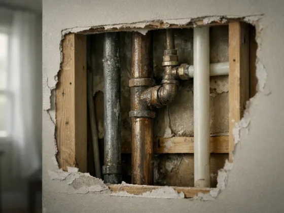 A quiet interior wall cutaway showing aging water pipes behind drywall, with subtle corrosion and mineral buildup.