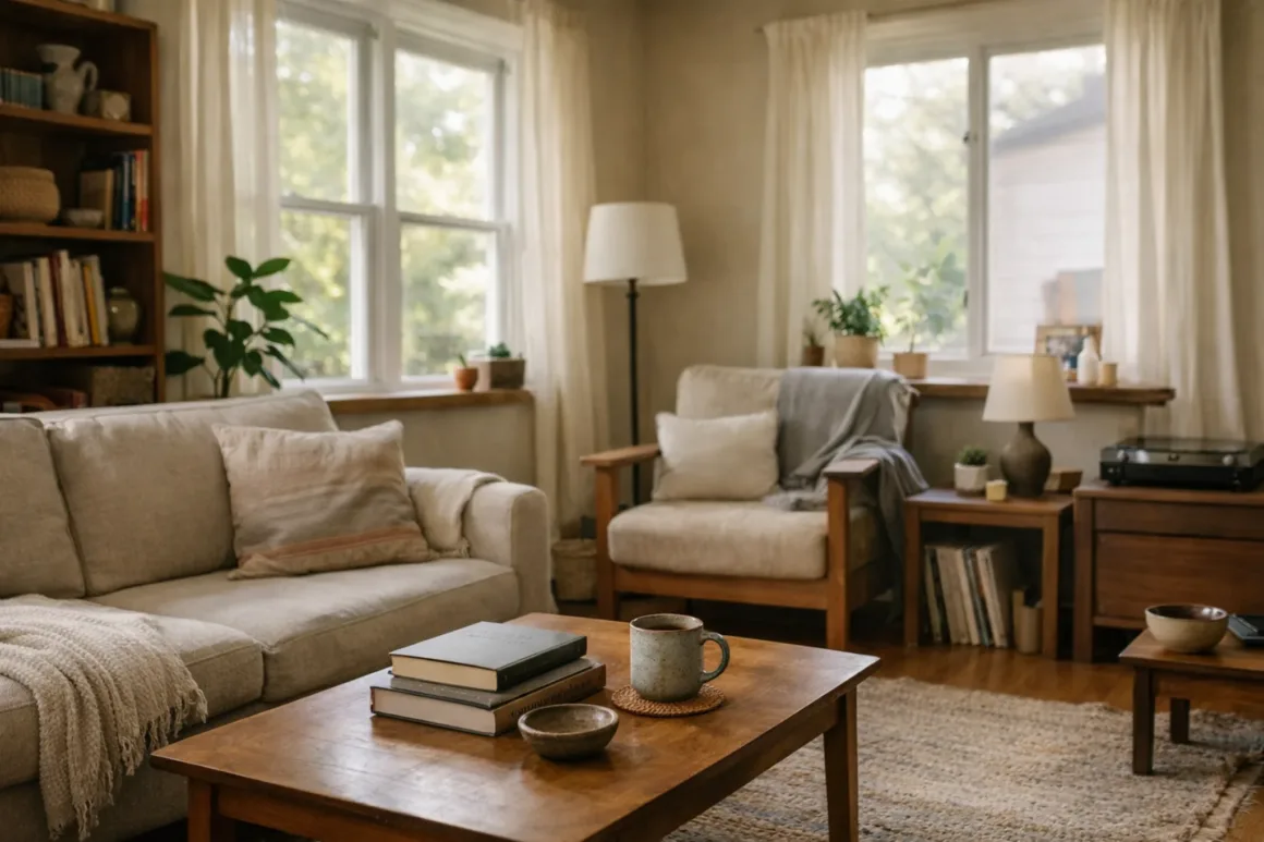 A calm, naturally lit living room reflecting a homeowner thoughtfully considering a home decision.