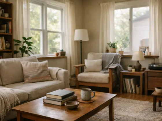 A calm, naturally lit living room reflecting a homeowner thoughtfully considering a home decision.