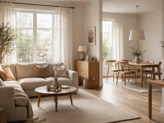 Open-plan living and dining area showing subtle differences in light and atmosphere between connected rooms
