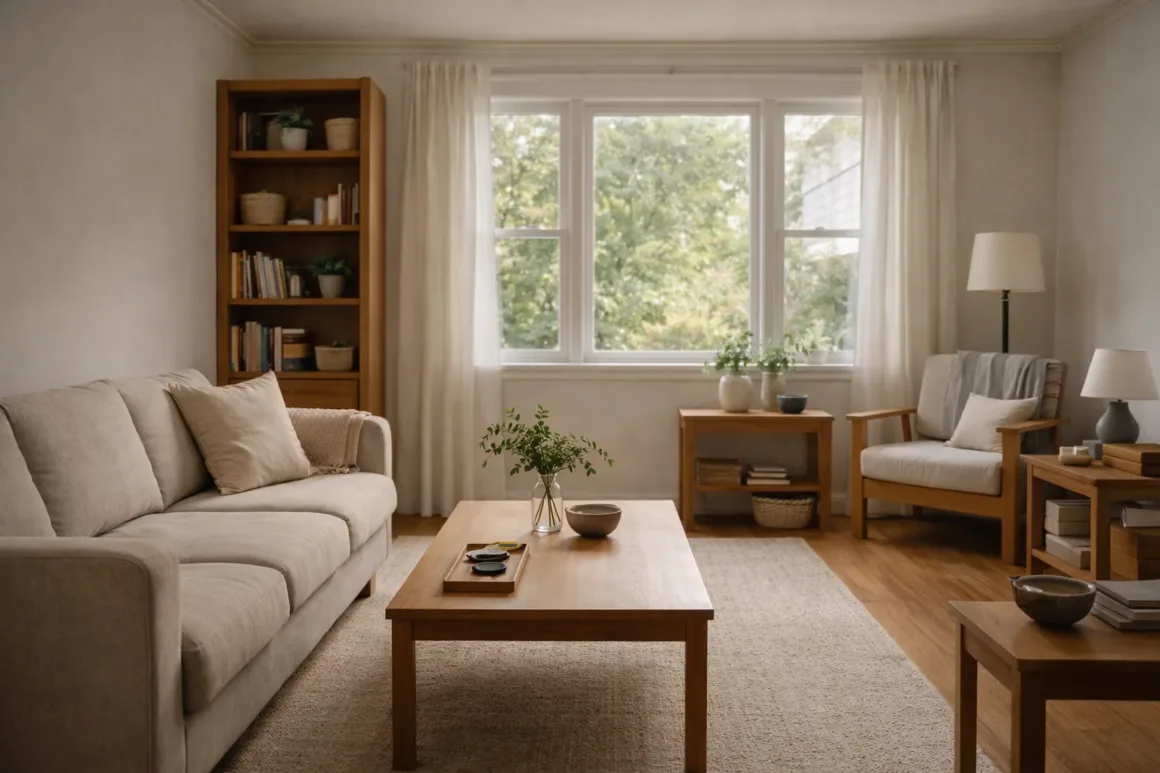 A well-organized living room showing subtle preparation, balanced light, and a realistic, lived-in arrangement.