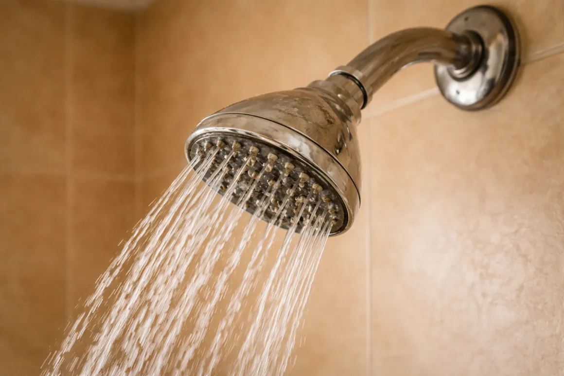 Hard water mineral deposits visible on a showerhead nozzle