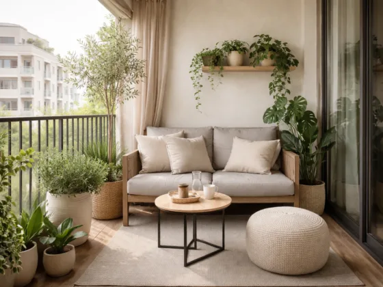 Small apartment balcony with seating, plants, and soft natural lighting