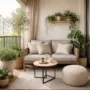 Small apartment balcony with seating, plants, and soft natural lighting