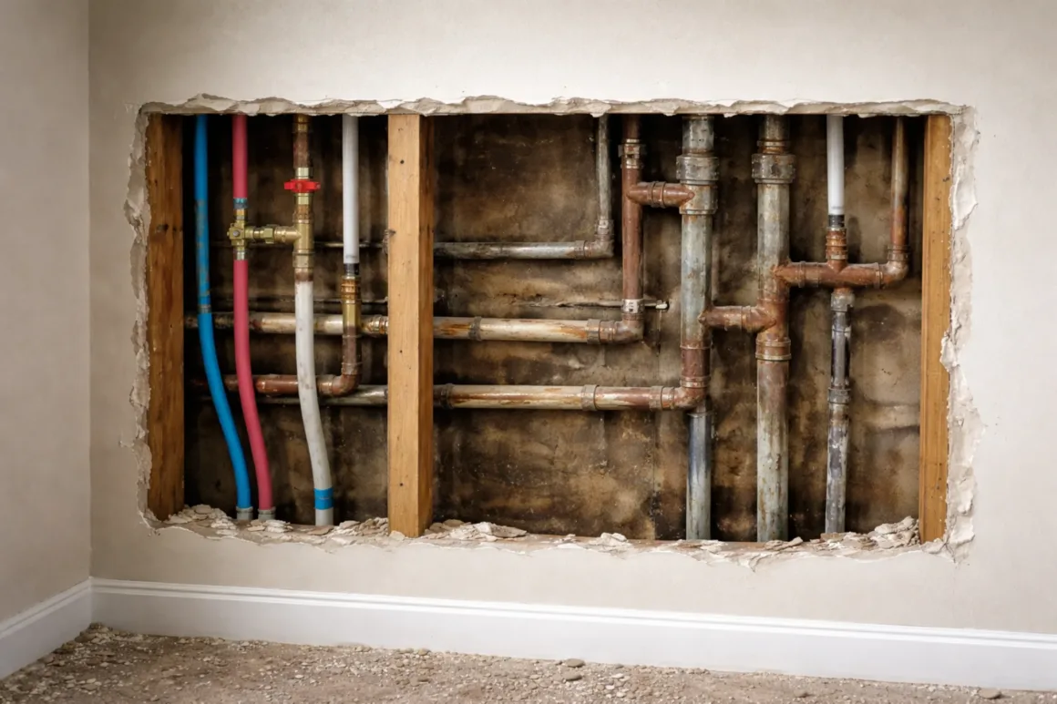 A partially opened residential wall showing intersecting plumbing lines of different ages, highlighting contrast in routing and alignment.