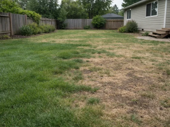 Residential backyard lawn showing uneven growth and stressed areas