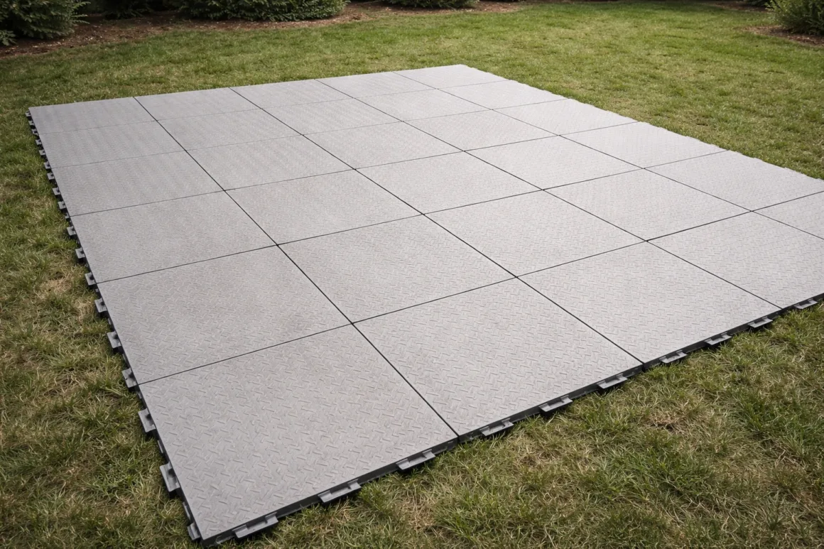 Interlocking temporary flooring panels placed over grass for weight distribution