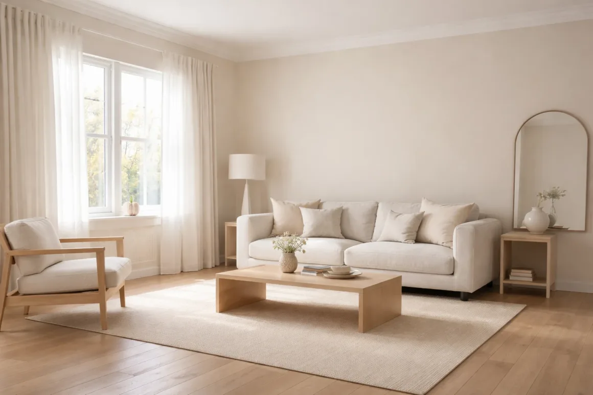 Neutral living room interior showing how wall colour interacts with natural window light and warm wooden flooring