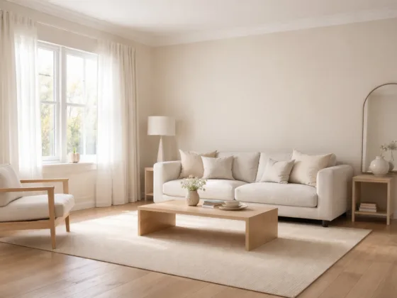 Neutral living room interior showing how wall colour interacts with natural window light and warm wooden flooring