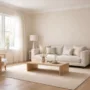 Neutral living room interior showing how wall colour interacts with natural window light and warm wooden flooring