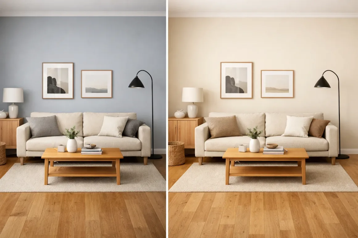 Comparison of cool grey and warm beige wall colours showing how undertones change the feel of a living room