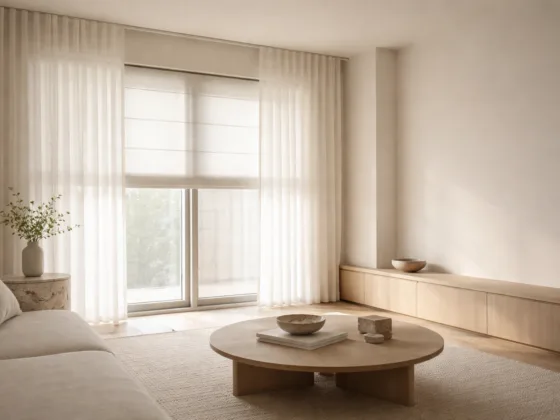 Layered sheer curtains and roman blinds regulating daylight in a minimalist interior space