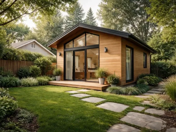 modern backyard ADU small guest house with landscaped garden and stone pathway