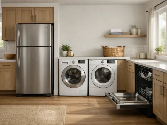 Modern household appliances including refrigerator, washer, dryer, and dishwasher inside a contemporary home interior