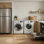 Modern household appliances including refrigerator, washer, dryer, and dishwasher inside a contemporary home interior