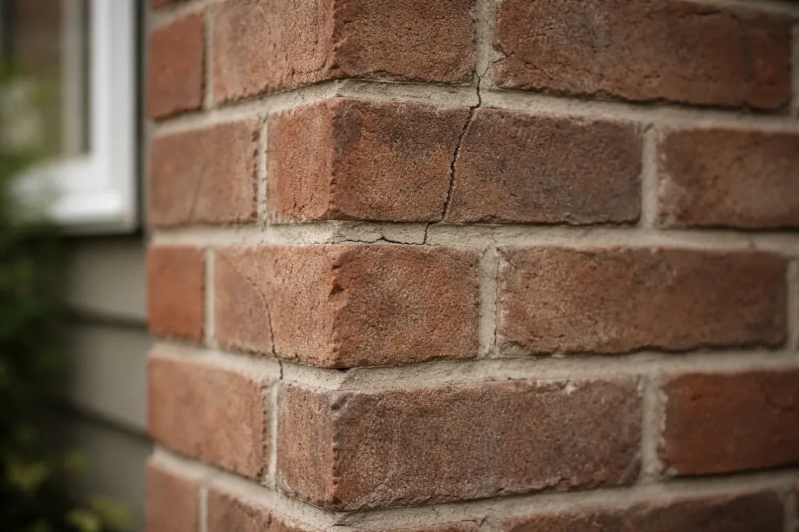 minor mortar crack on residential brick wall corner
