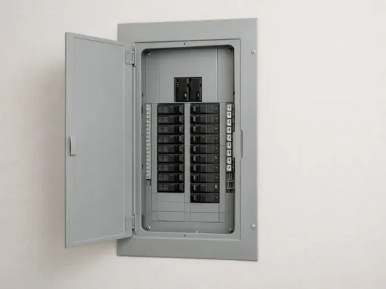 electrical panel with circuit breakers in a residential home showing common electrical system setup