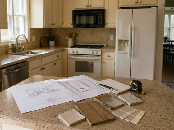 kitchen in planning stage with layout sketches and measuring tools