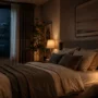 Bedroom with soft nighttime lighting and curtains designed to reduce indoor light for better sleep