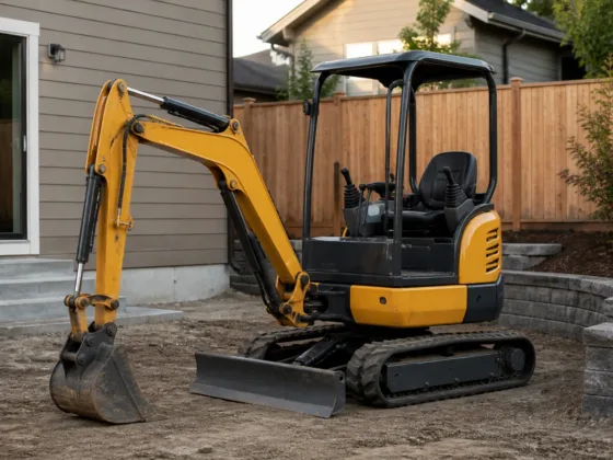 mini excavator in residential backyard construction site idle