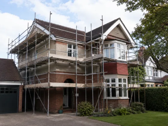 Residential scaffolding installed around a two-story home during exterior renovation work