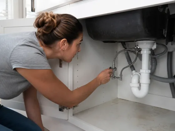 Homeowner inspecting plumbing supply lines and shutoff valves beneath a kitchen sink during preventative maintenance