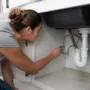Homeowner inspecting plumbing supply lines and shutoff valves beneath a kitchen sink during preventative maintenance