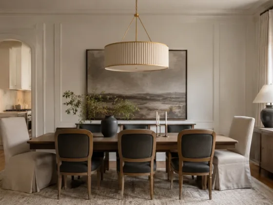 Dining room updated with wall molding, artwork, layered lighting, and neutral furnishings without structural remodeling