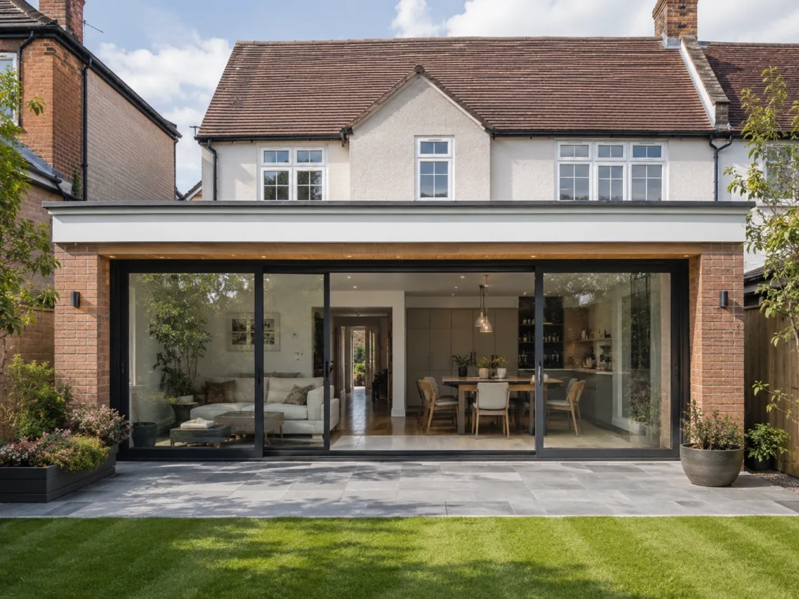 Modern rear home extension added to an existing family house