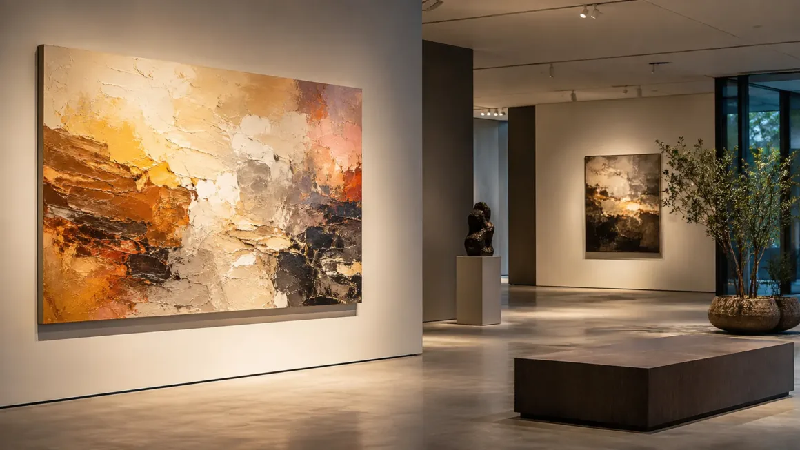 A large textured abstract painting displayed under warm spotlights in a modern minimalist art gallery