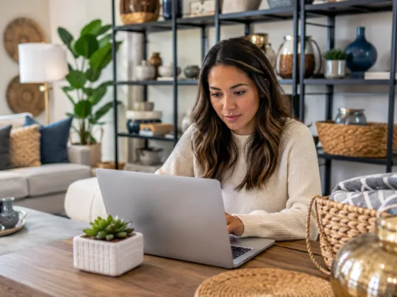 Woman comparing home décor products on an online marketplace before buying furniture and decorative accessories.