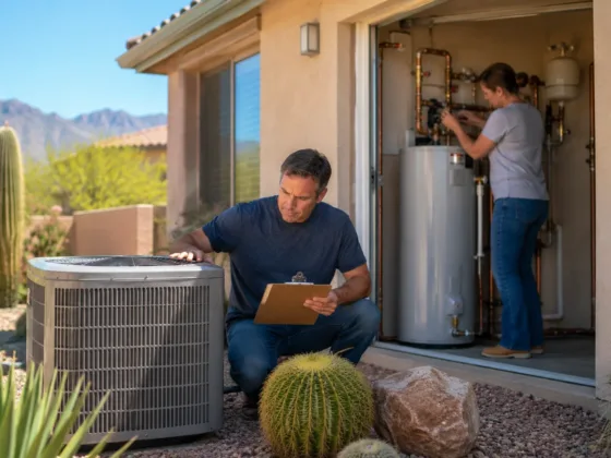 Homeowner performing HVAC and plumbing maintenance at a desert climate home in Arizona