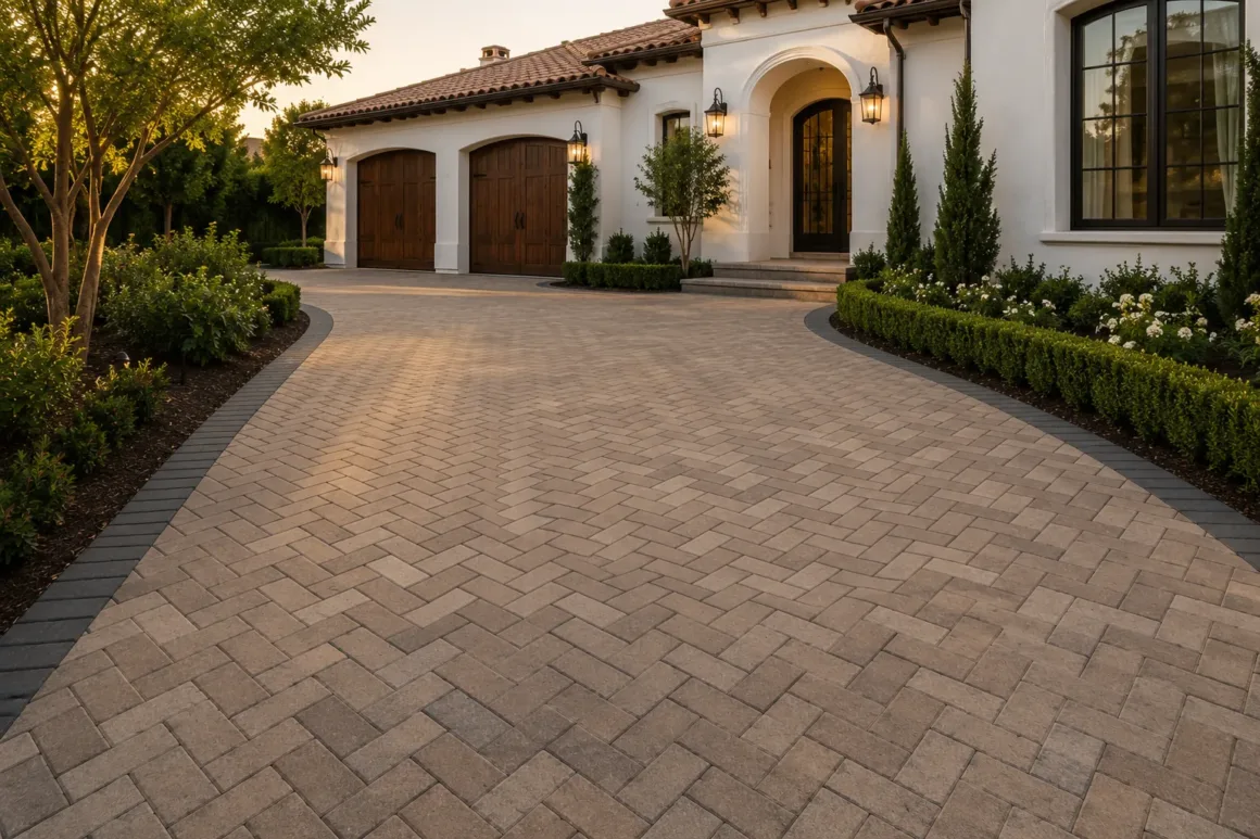 Luxury herringbone paver driveway with charcoal border enhancing curb appeal