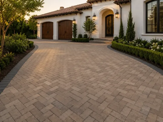 Luxury herringbone paver driveway with charcoal border enhancing curb appeal