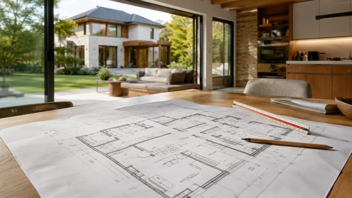 House plans spread across a table inside a modern family home