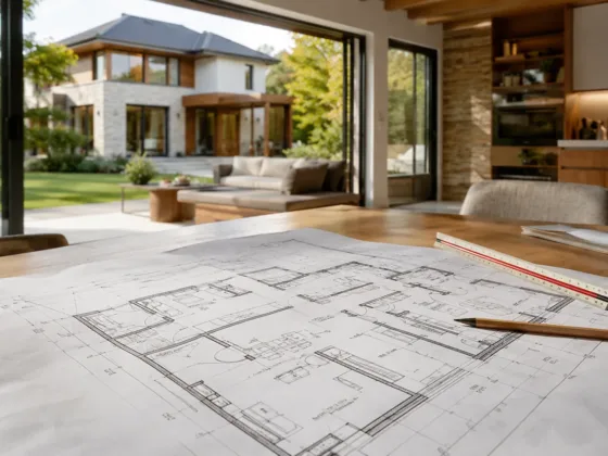 House plans spread across a table inside a modern family home