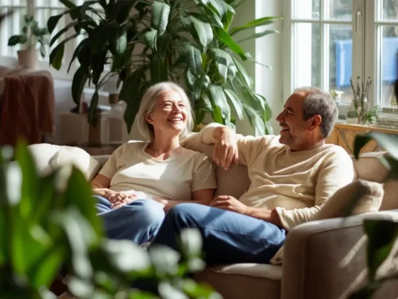 Healthy couple enjoying clean indoor air in a bright living room with an efficient HVAC system