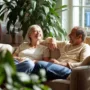 Healthy couple enjoying clean indoor air in a bright living room with an efficient HVAC system