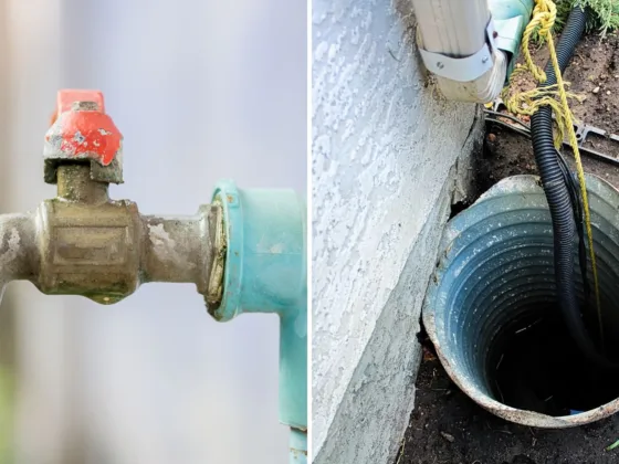 Outdoor plumbing faucet and residential sump pump system protecting a home from water damage