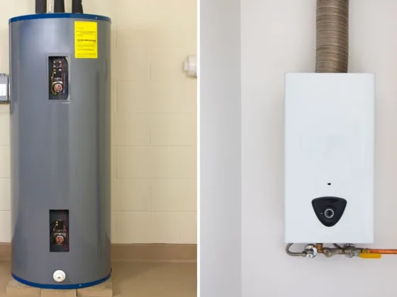 Side-by-side comparison of a traditional tank water heater and a tankless water heater installed in residential homes.