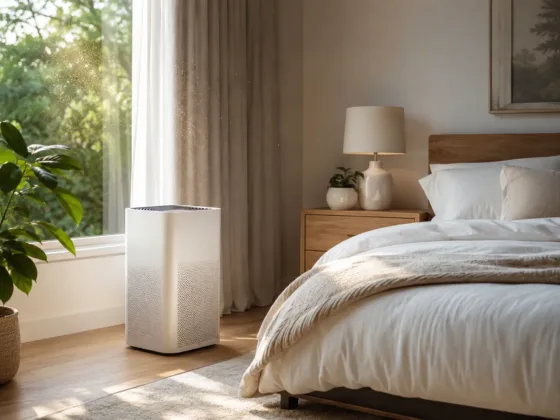 Modern bedroom with an air purifier improving indoor air quality for a healthier sleep environment