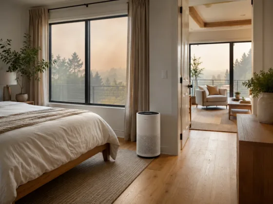 Modern bedroom with a smoke air purifier improving indoor air quality during a wildfire smoke event outside the home.