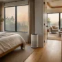 Modern bedroom with a smoke air purifier improving indoor air quality during a wildfire smoke event outside the home.
