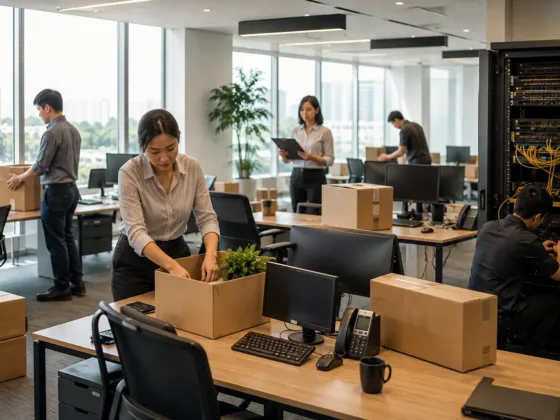 Employees preparing a commercial office move by packing workstations, labeling equipment, and organizing IT infrastructure before relocation
