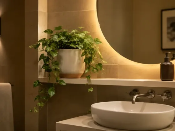 A realistic artificial trailing plant in a stoneware pot styled on a floating shelf in a modern windowless bathroom
