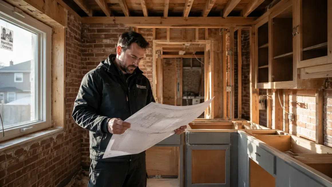 Contractor reviewing structural kitchen blueprints on site during a Hamilton renovation project