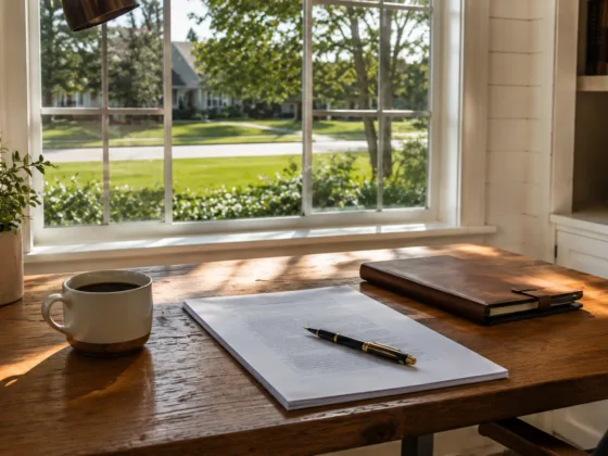 A sunlit home office desk with real estate contract documents and a view of a suburban lawn