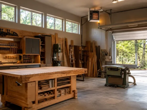 An organized modern workshop with a high ceiling unit heater mounted near the ceiling