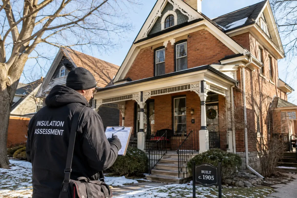 Insulation assessment technician inspecting a historical 1905 brick home in Ontario