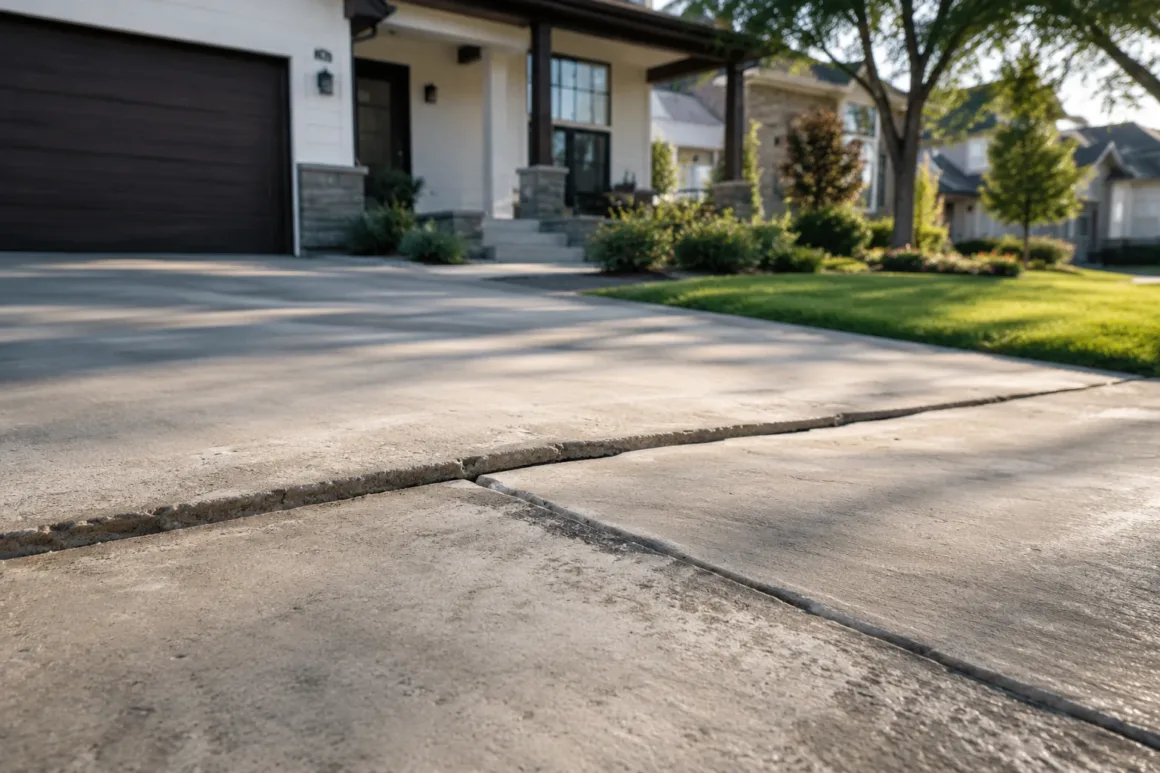 Uneven concrete driveway with a sunken slab outside a modern suburban home